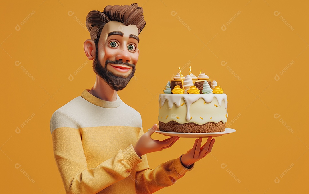 Retrato de homem 3D com bolo mostrando sobremesa em cor sólida