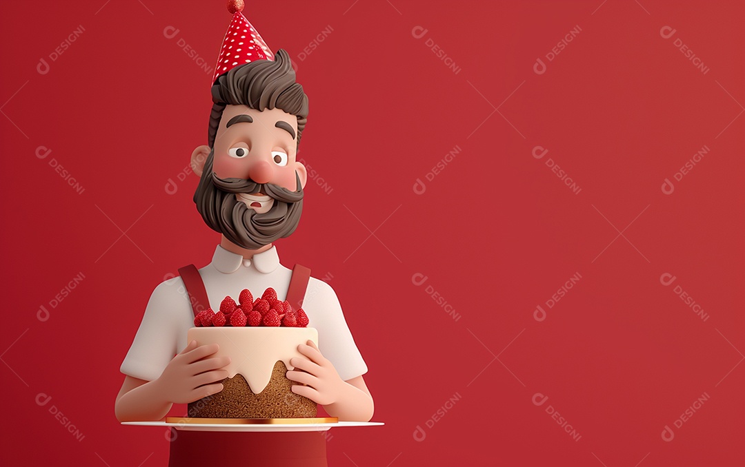 Retrato de homem 3D com bolo mostrando sobremesa em cor sólida