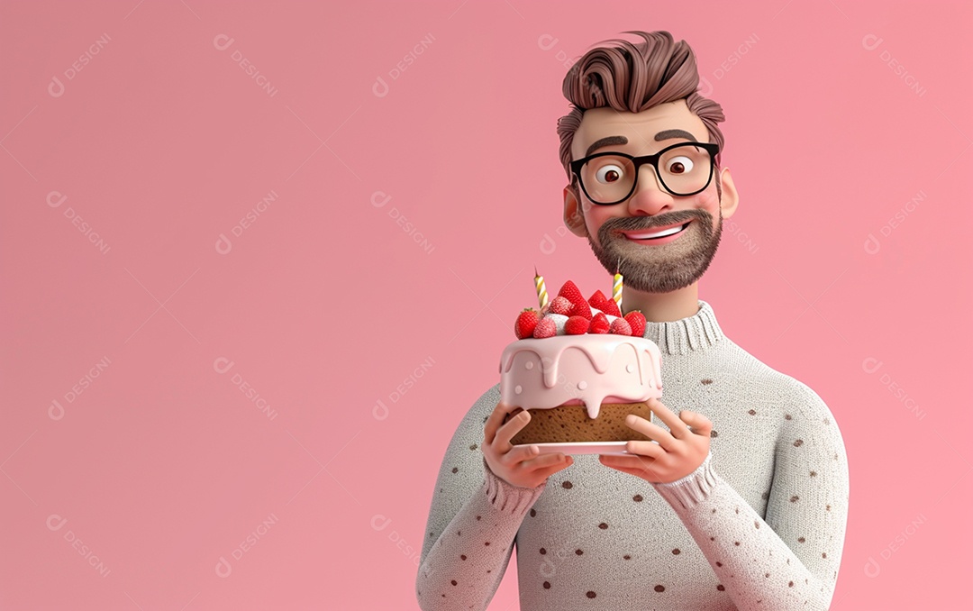 Retrato de homem 3D com bolo mostrando sobremesa em cor sólida