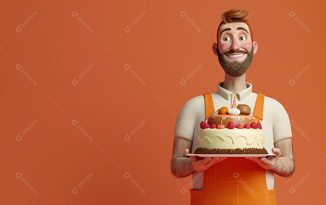 Retrato de homem 3D com bolo mostrando sobremesa em cor sólida