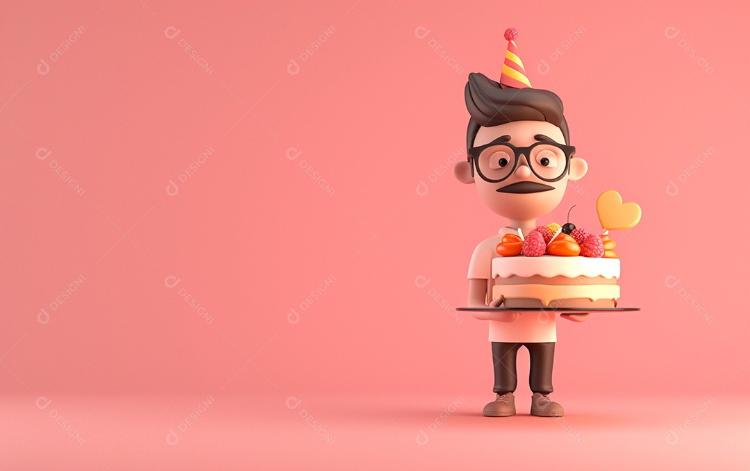 Retrato de homem 3D com bolo mostrando sobremesa em cor sólida