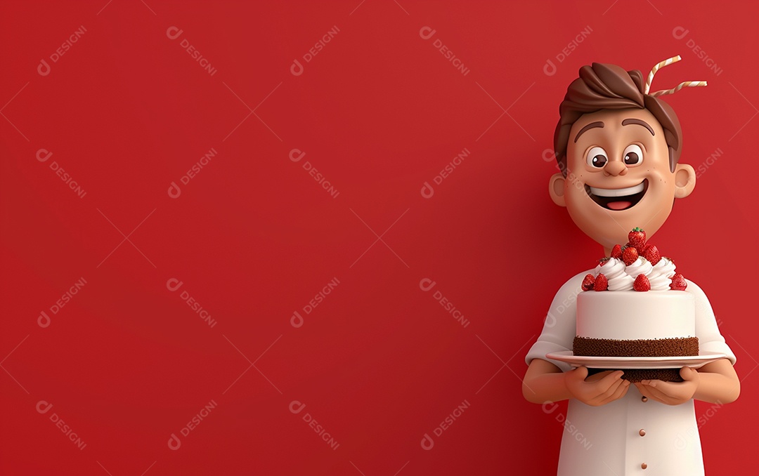 Retrato de homem 3D com bolo mostrando sobremesa em cor sólida