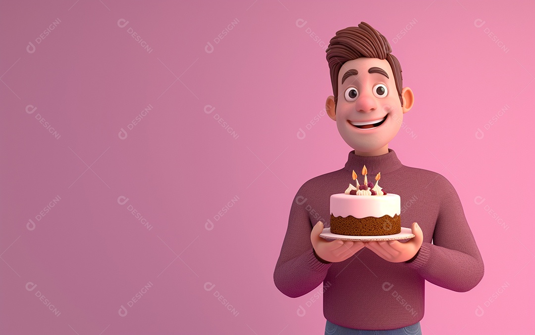 Retrato de homem 3D com bolo mostrando sobremesa em cor sólida