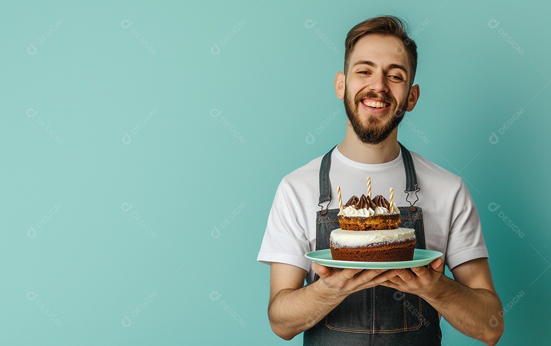 Homem com bolo mostrando sobremesa em fundo de cor sólida