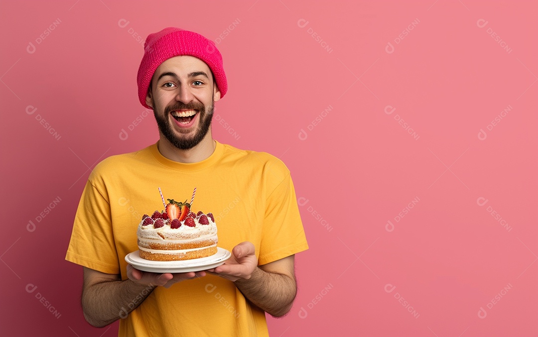 Homem com bolo mostrando sobremesa em fundo de cor sólida