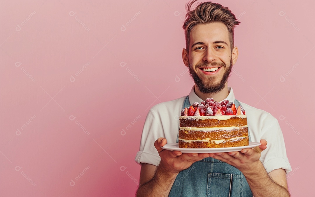 Homem com bolo mostrando sobremesa em fundo de cor sólida