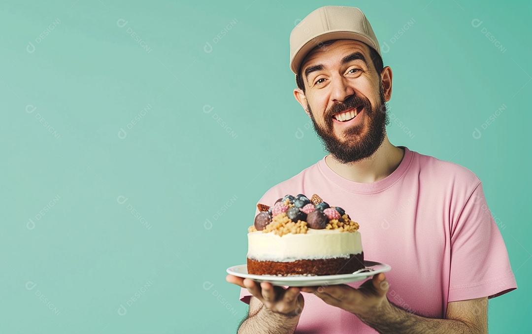 Homem com bolo mostrando sobremesa em fundo de cor sólida