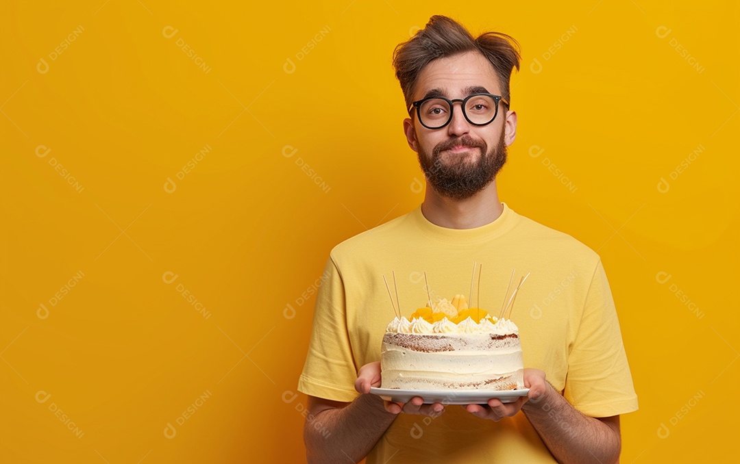 Homem com bolo mostrando sobremesa em fundo de cor sólida
