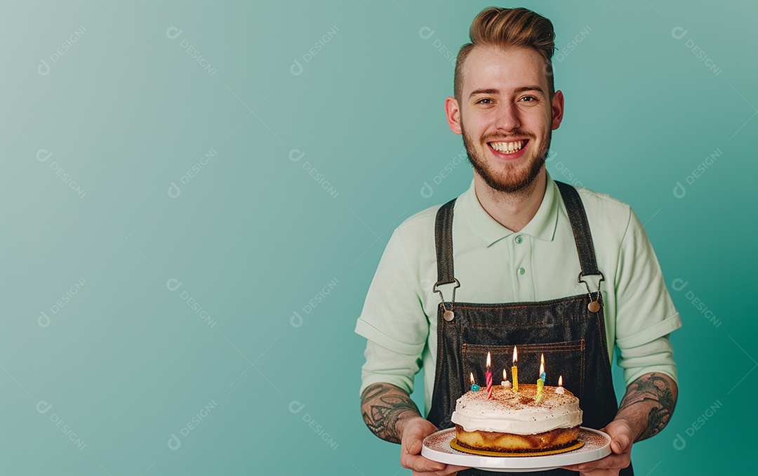 Homem com bolo mostrando sobremesa em fundo de cor sólida