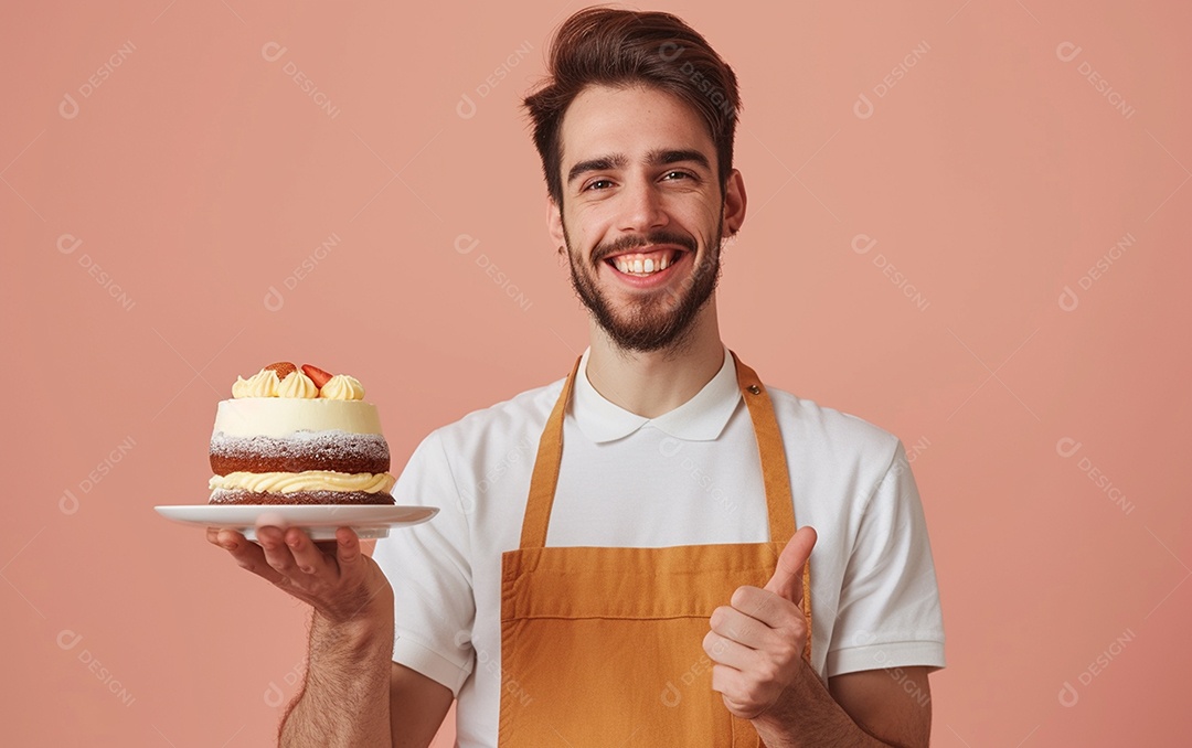 Homem com bolo mostrando sobremesa em fundo de cor sólida