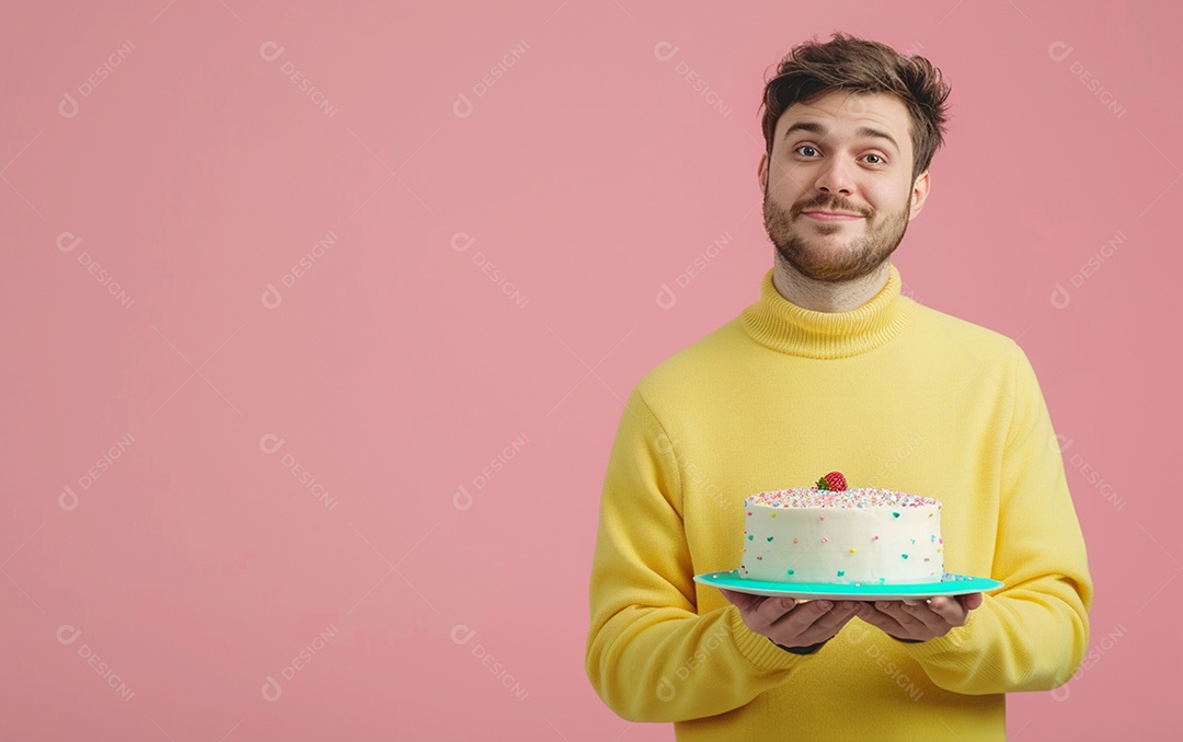 Homem com bolo mostrando sobremesa em fundo de cor sólida