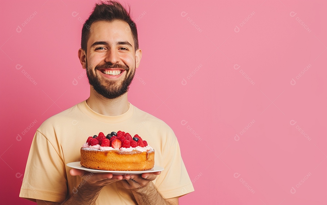 Homem com bolo mostrando sobremesa em fundo de cor sólida