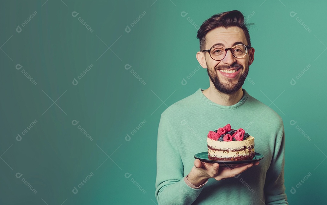 Homem com bolo mostrando sobremesa em fundo de cor sólida