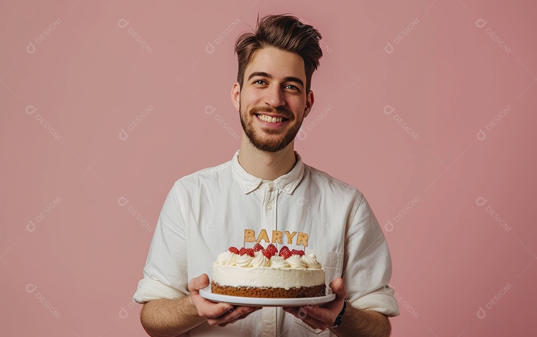 Homem com bolo mostrando sobremesa em fundo de cor sólida