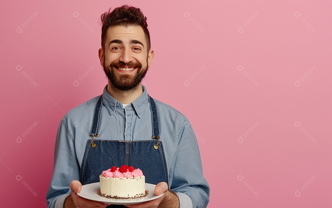 Homem com bolo mostrando sobremesa em fundo de cor sólida