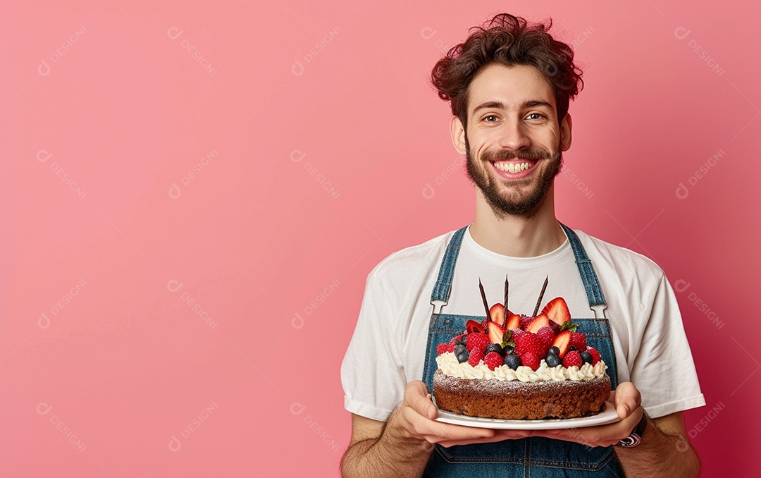 Homem com bolo mostrando sobremesa em fundo de cor sólida