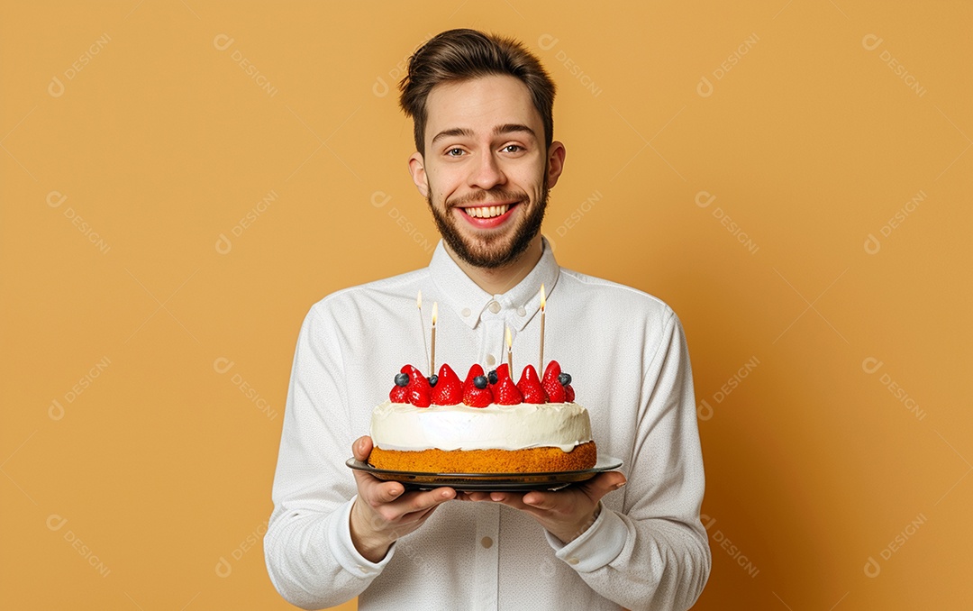 Homem com bolo mostrando sobremesa em fundo de cor sólida