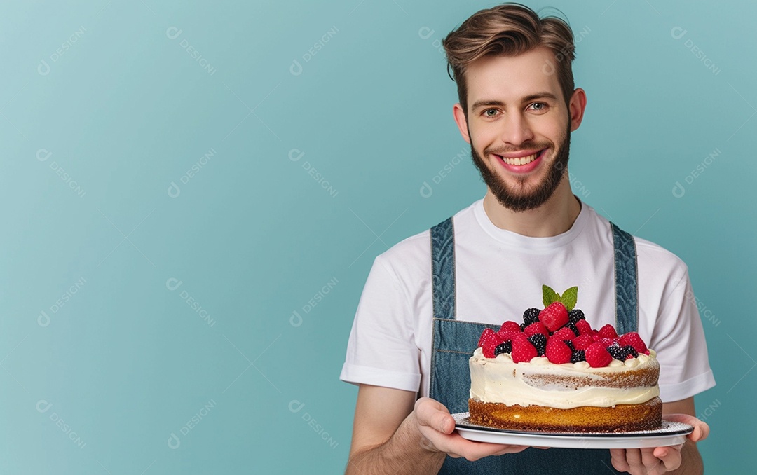 Homem com bolo mostrando sobremesa em fundo de cor sólida