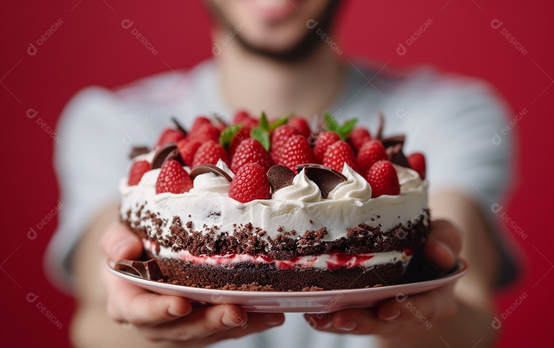 Homem com bolo mostrando sobremesa em fundo de cor sólida