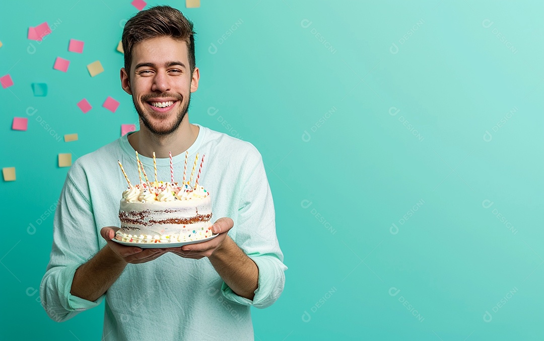 Homem com bolo mostrando sobremesa em fundo de cor sólida