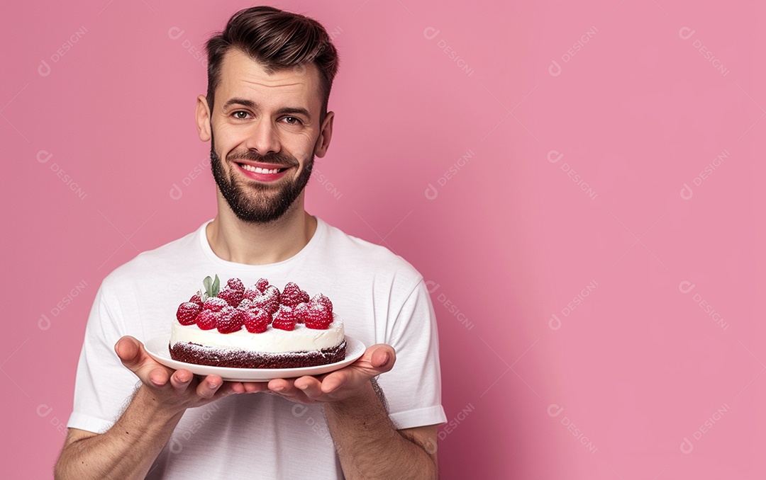 Homem com bolo mostrando sobremesa em fundo de cor sólida