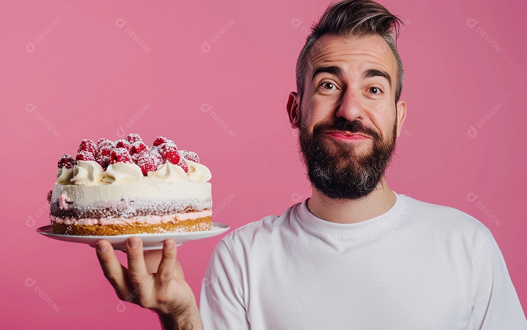 Homem com bolo mostrando sobremesa em fundo de cor sólida