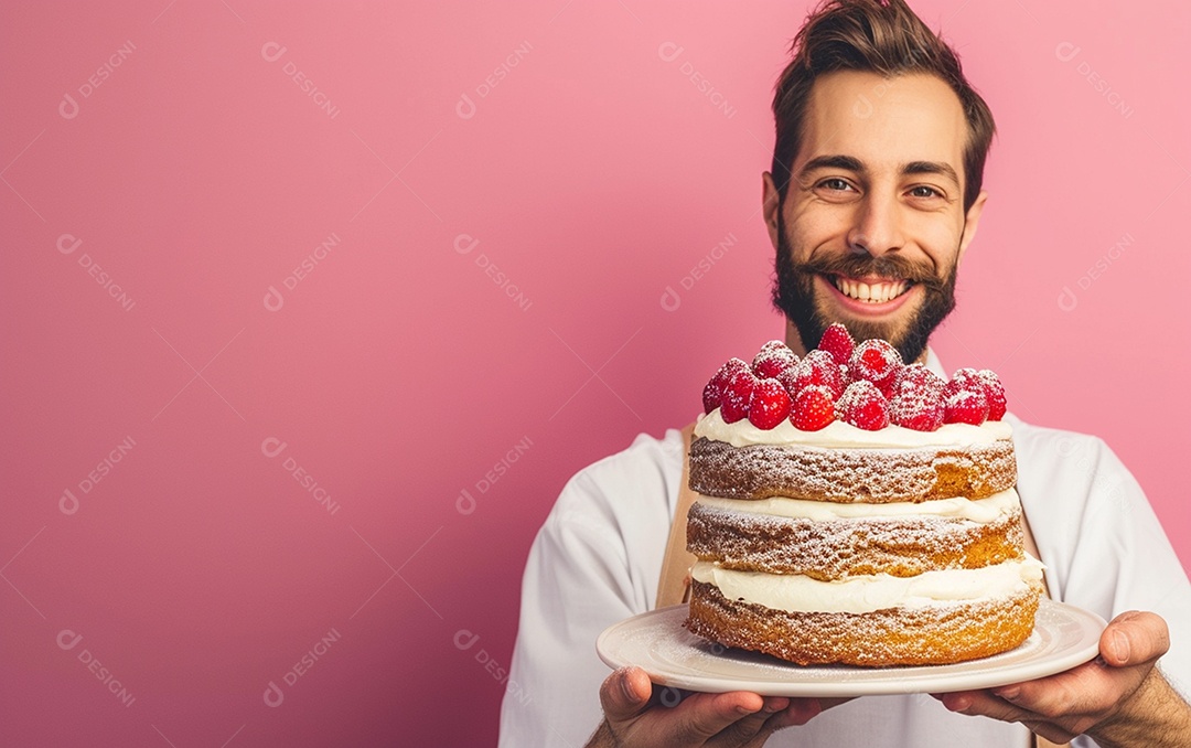 Homem com bolo mostrando sobremesa em fundo de cor sólida