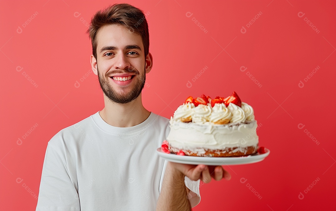Homem com bolo mostrando sobremesa em fundo de cor sólida