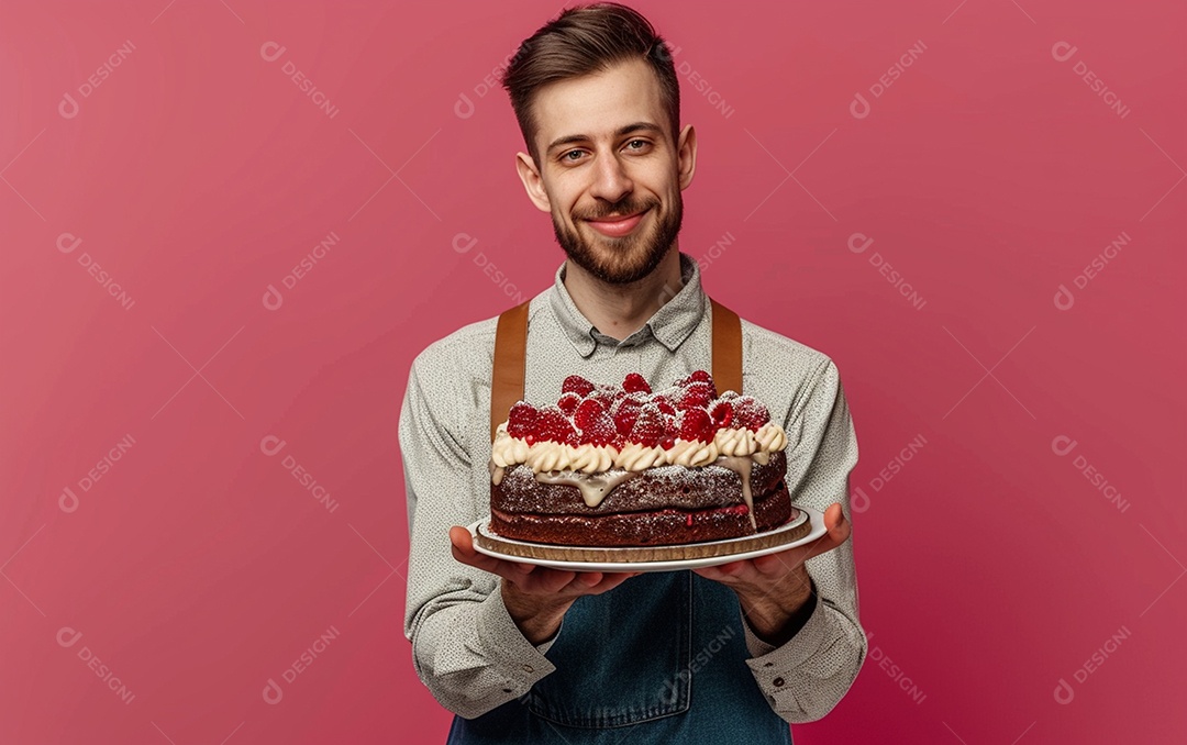 Homem com bolo mostrando sobremesa em fundo de cor sólida