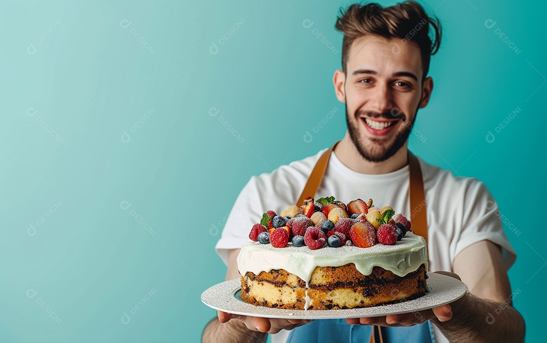 Homem com bolo mostrando sobremesa em fundo de cor sólida