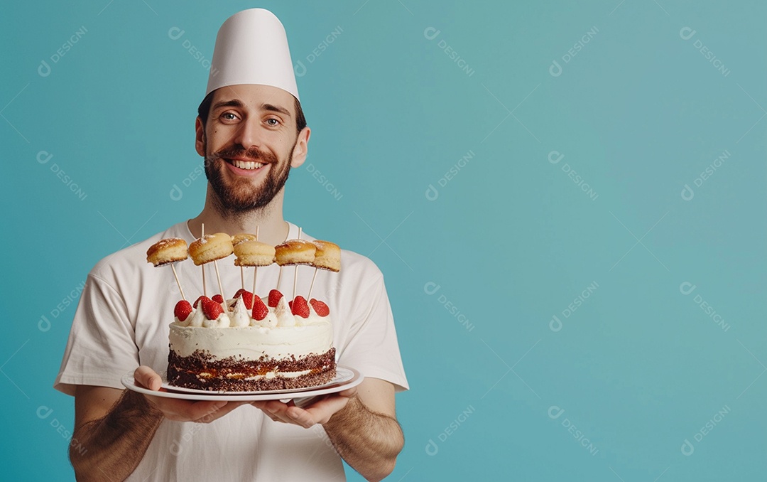 Homem com bolo mostrando sobremesa em fundo de cor sólida