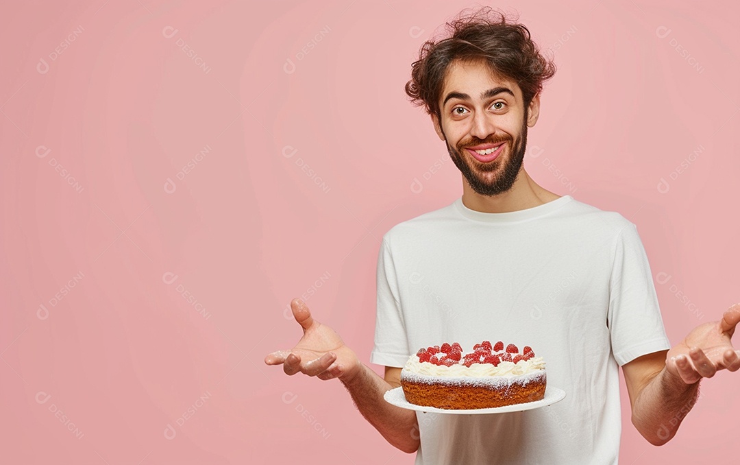 Homem com bolo mostrando sobremesa em fundo de cor sólida
