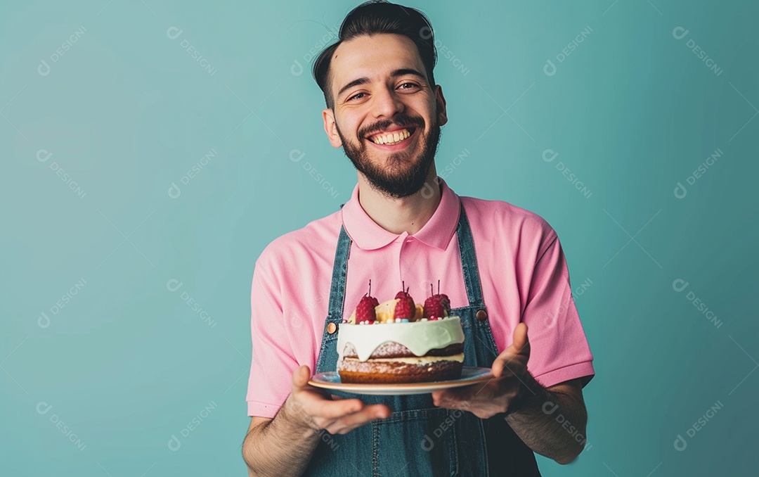 Homem com bolo mostrando sobremesa em fundo de cor sólida