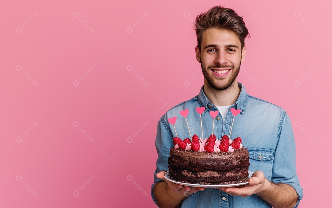 Homem com bolo mostrando sobremesa em fundo de cor sólida