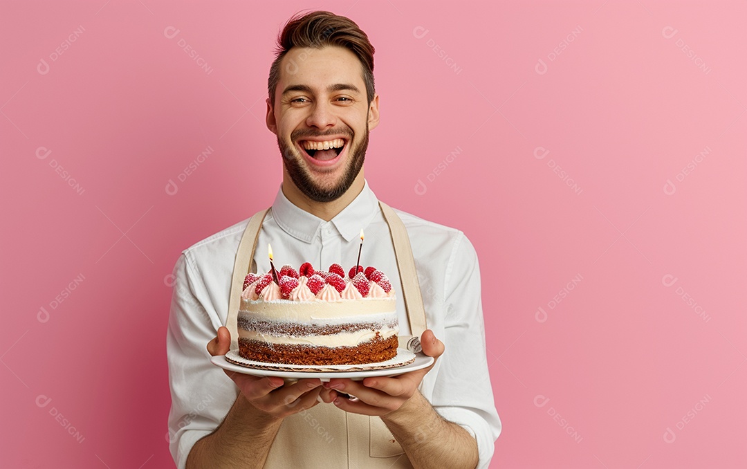 Homem com bolo mostrando sobremesa em fundo de cor sólida