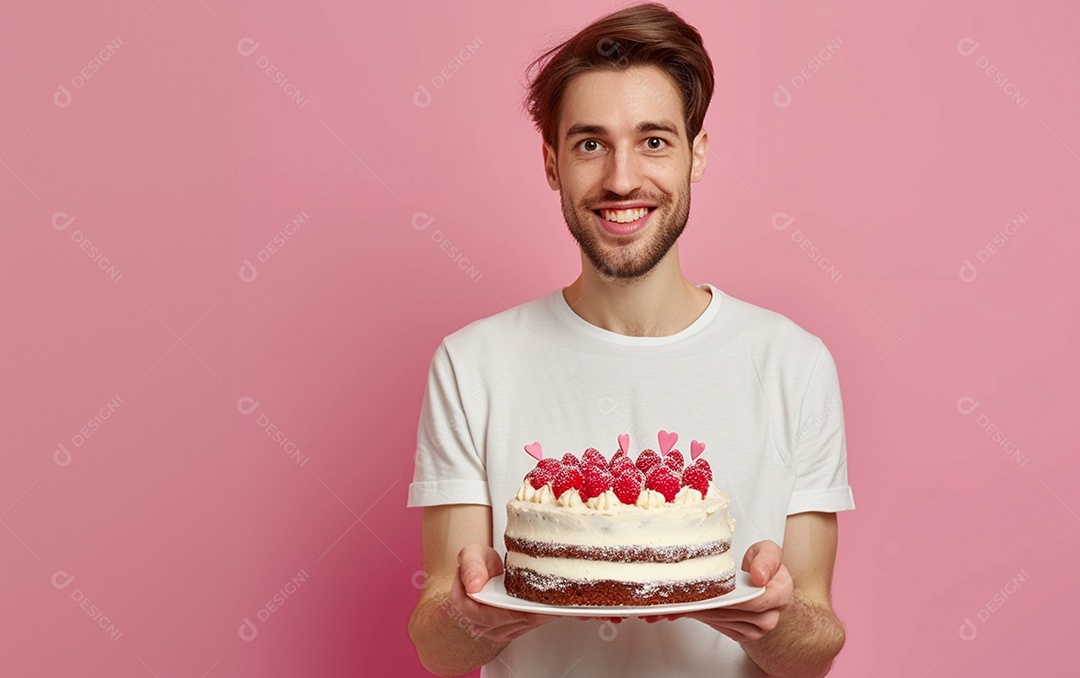 Homem com bolo mostrando sobremesa em fundo de cor sólida