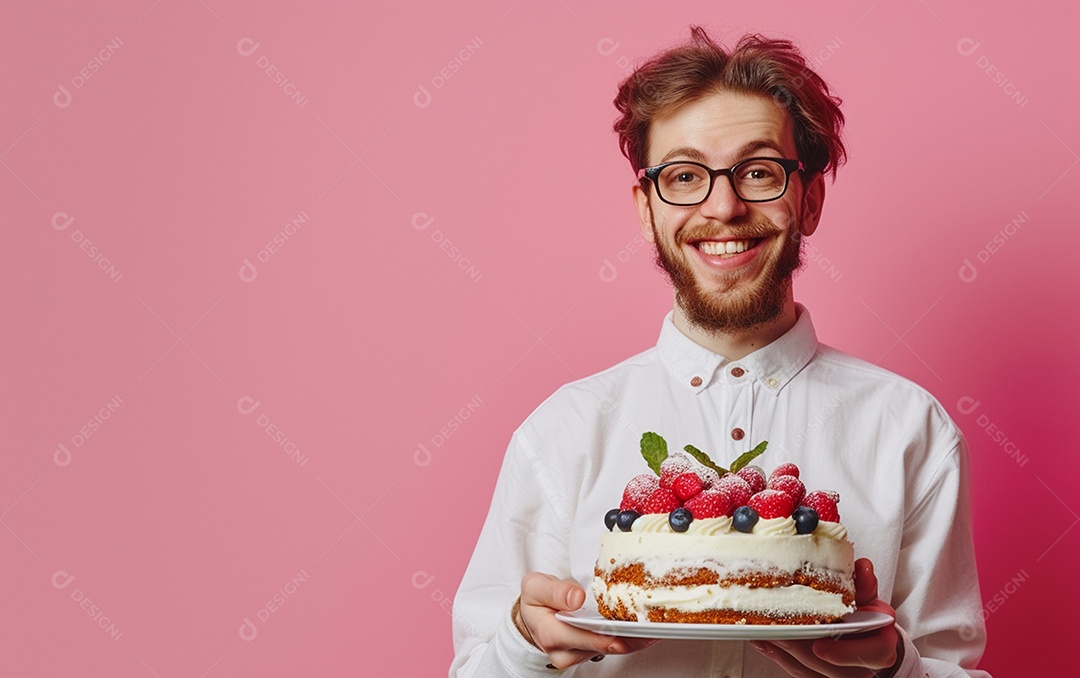 Homem com bolo mostrando sobremesa em fundo de cor sólida