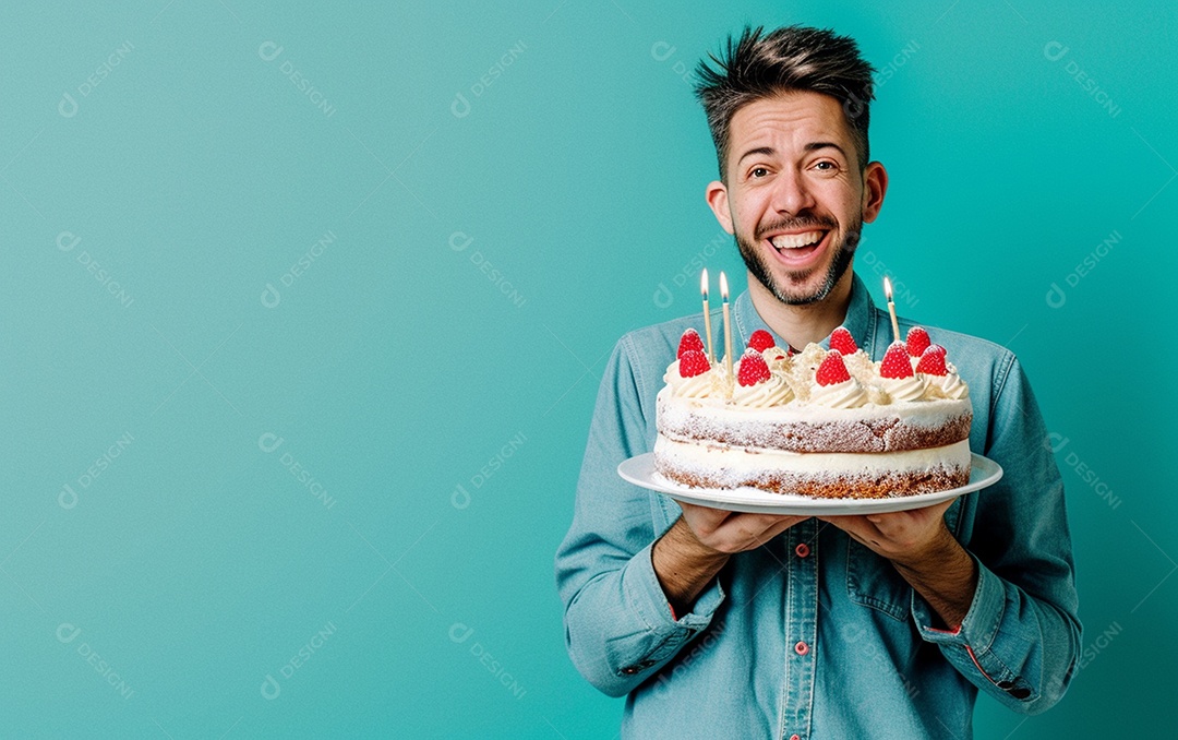 Homem com bolo mostrando sobremesa em fundo de cor sólida