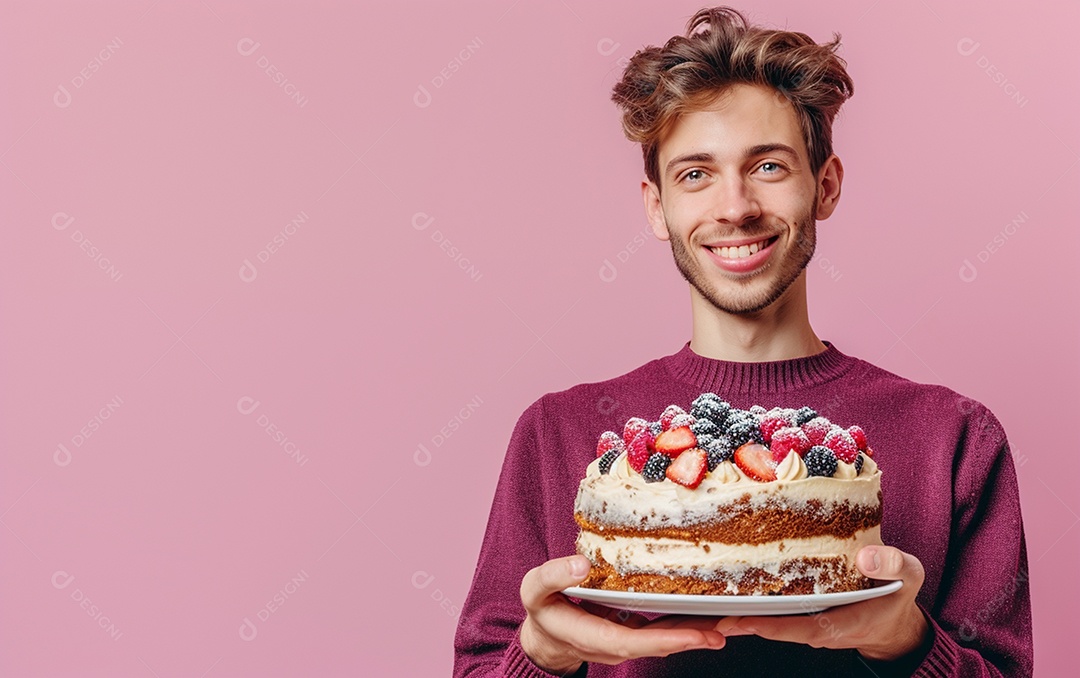 Homem com bolo mostrando sobremesa em fundo de cor sólida