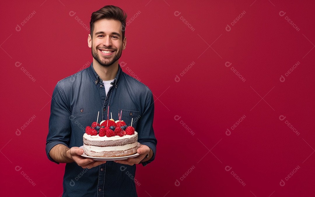 Homem com bolo mostrando sobremesa em fundo de cor sólida