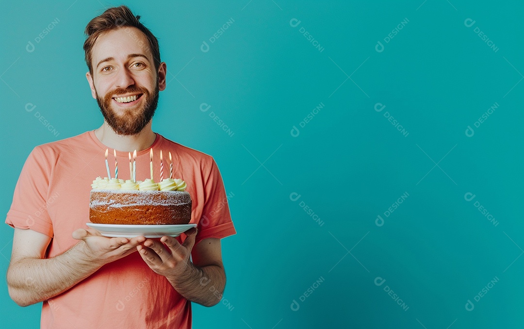 Homem com bolo mostrando sobremesa em fundo de cor sólida