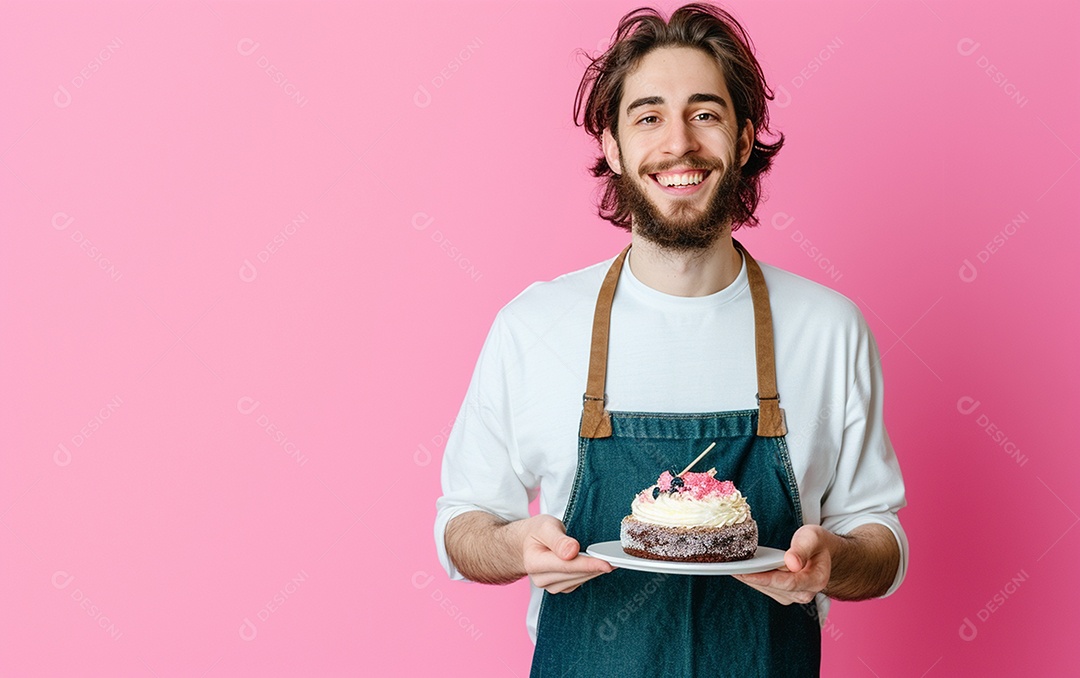 Homem com bolo mostrando sobremesa em fundo de cor sólida