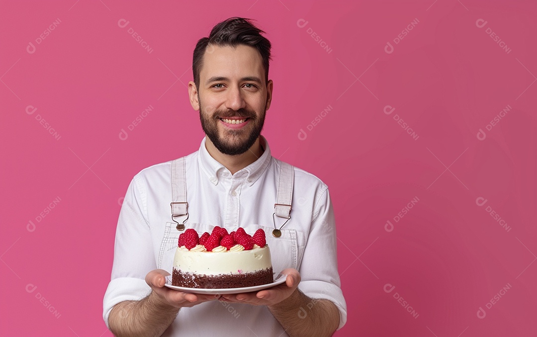 Homem com bolo mostrando sobremesa em fundo de cor sólida