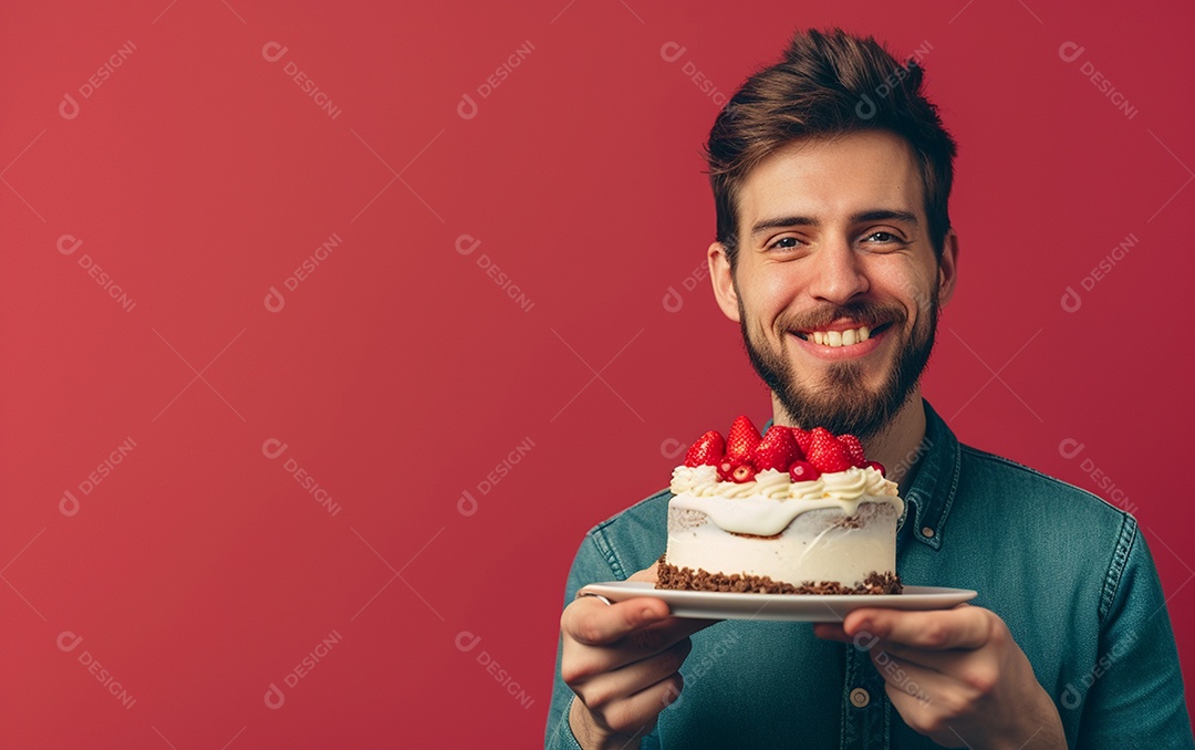 Homem com bolo mostrando sobremesa em fundo de cor sólida