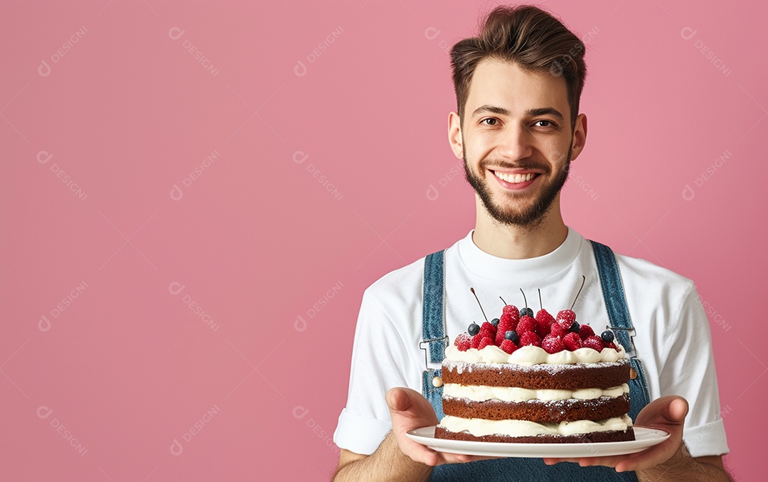 Homem com bolo mostrando sobremesa em fundo de cor sólida