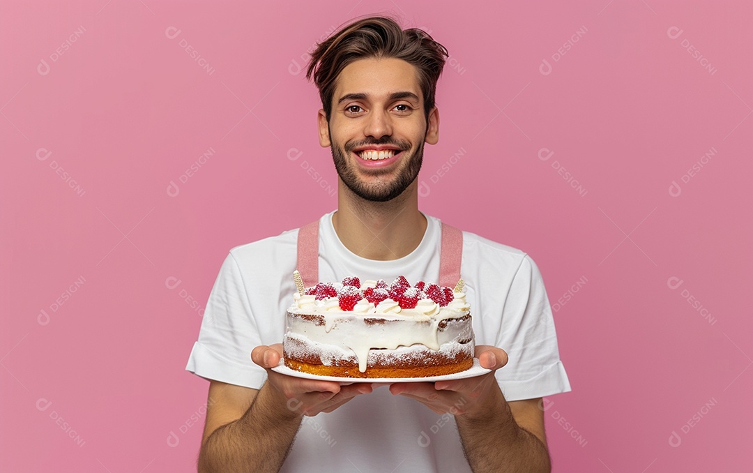 Homem com bolo mostrando sobremesa em fundo de cor sólida