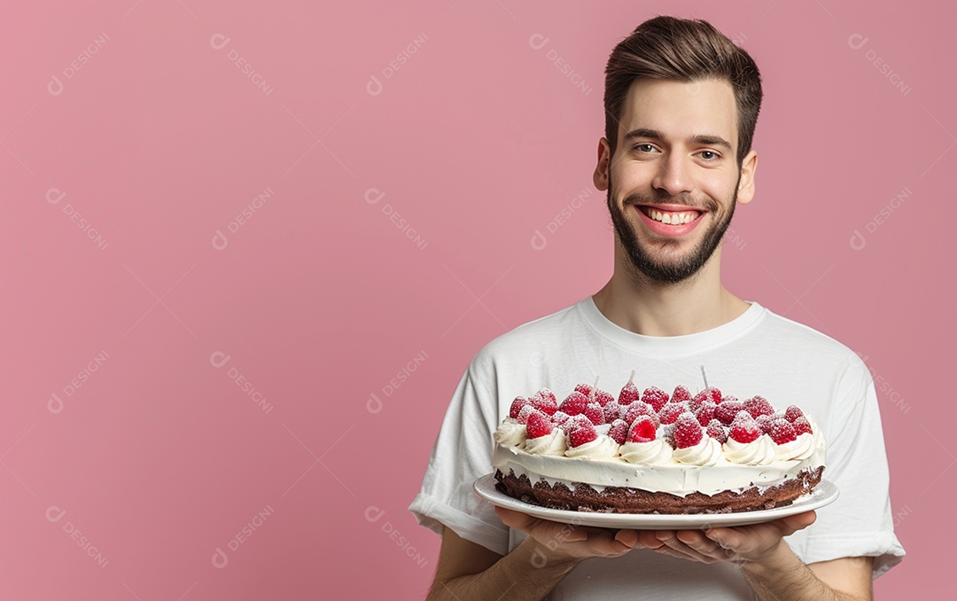 Homem com bolo mostrando sobremesa em fundo de cor sólida