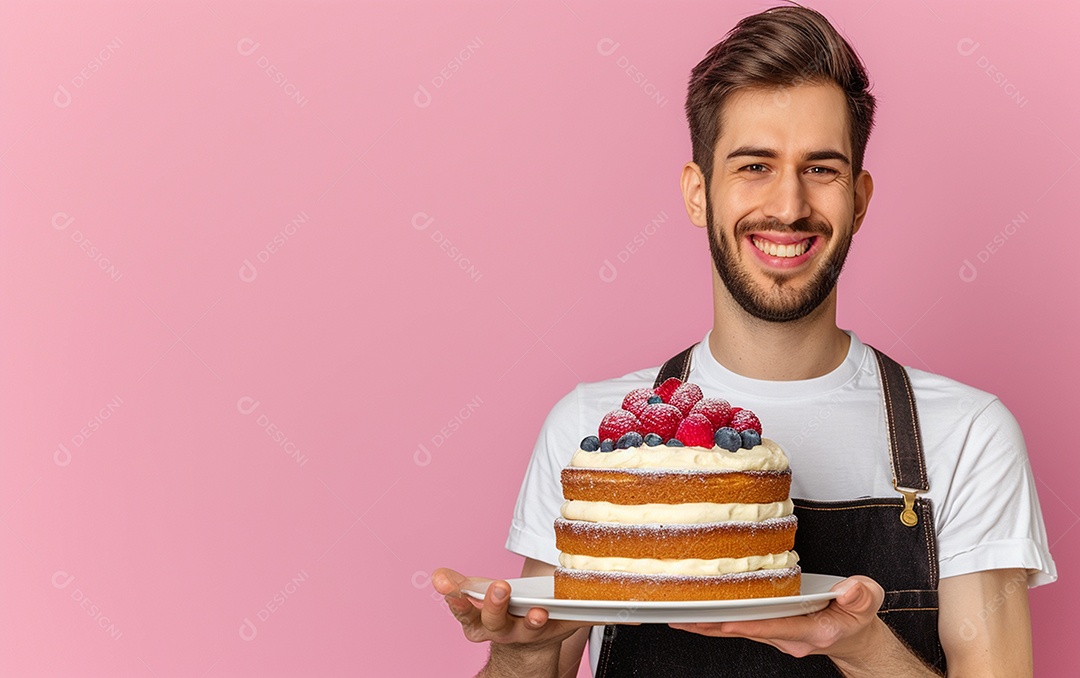 Homem com bolo mostrando sobremesa em fundo de cor sólida