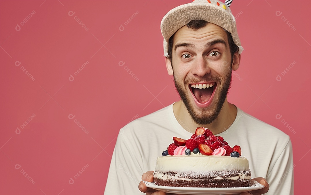 Homem com bolo mostrando sobremesa em fundo de cor sólida