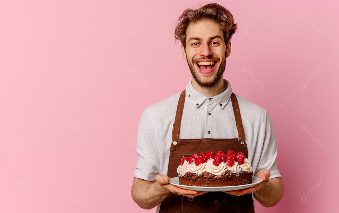 Homem com bolo mostrando sobremesa em fundo de cor sólida